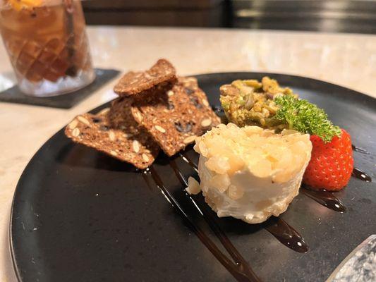 Build-your-own charcuterie: Mac Nut crusted and Pistachio crusted (lots of flavor) goat cheese, with fig/rosemary crisps.