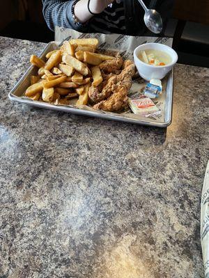 Chicken fingers steak fries chicken noodle soup all very good