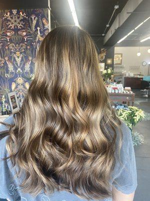 Balayage natural tones, gloss, trim, and style