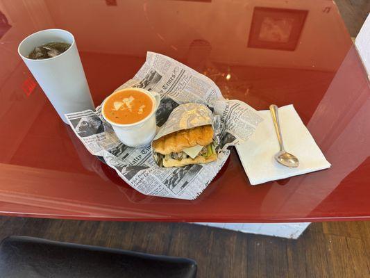 El Cubano sandwich with tomato basil bisque. And tea