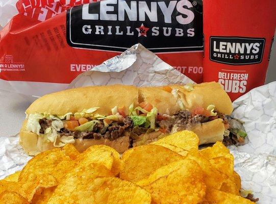 Philly Cheese Steak with BBQ chips and drink