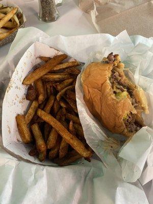 One patty burger with Cajun fries