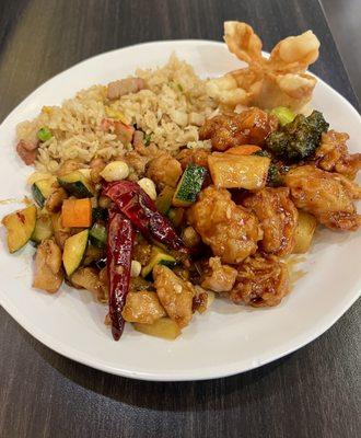 BBQ Pork Fried Rice, General Chicken, Kung Pao Chicken, 2. Crab Rangoons