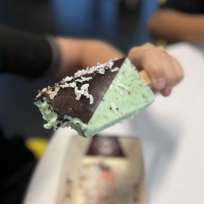 Mint chocolate chip bar, chocolate dip and coconut topping.