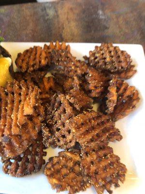 Burnt sweet potato waffle fries.