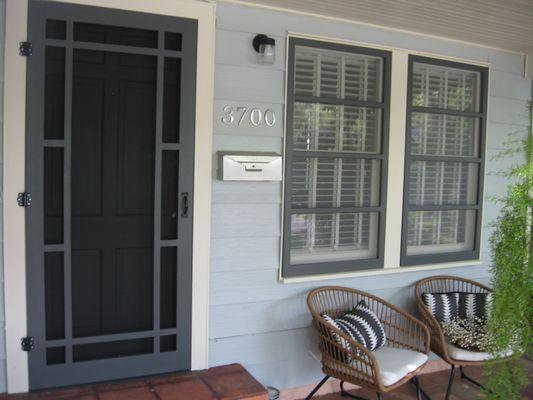 Custom wood frame screen door and wood window frames to match!  Stunning!