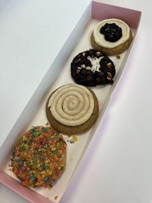 Cookie flavors until 7/22 (top: blueberry cheesecake, rocky road, churro, and fruity pebbles)