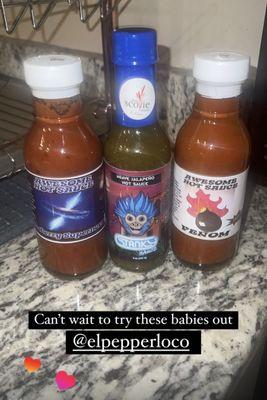 Blueberry supernova awesome hot sauce, stanky jalapeño sauce, venom awesome hot sauce