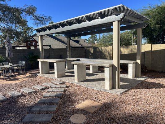 Aluma Wood Pergola, Slate pavers, concrete counter tops sealed and stained!