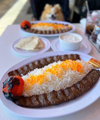 Double Koobideh Plate: Ground Beef Kebab w/ rice  ($17) & Mastomoosir: Yogurt w/ shallot Dip ($5)