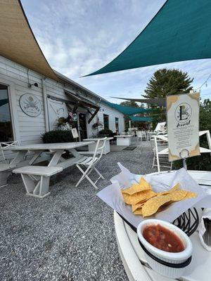 Chips and salsa and outside eating area