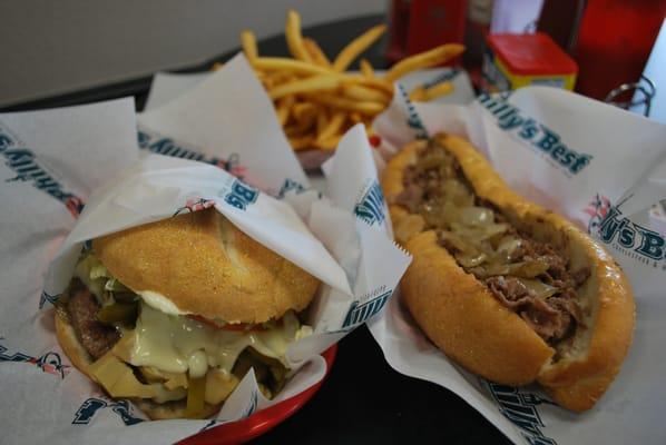 philly cheese steak sandwich, hamburger, fries