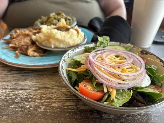 Bbq pork, potatoes, green beans, side salad