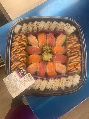 Party tray only $ 28.99 has row fish and cooked sushi