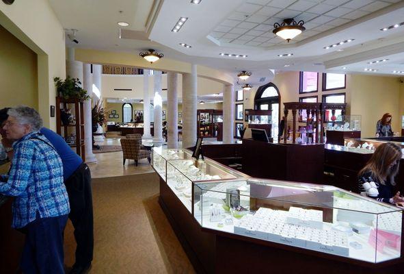 This is our showroom on the East side of the building - Pearls, Colored Stones, & Trendy Fashion Jewelry fill the cases at all price points.