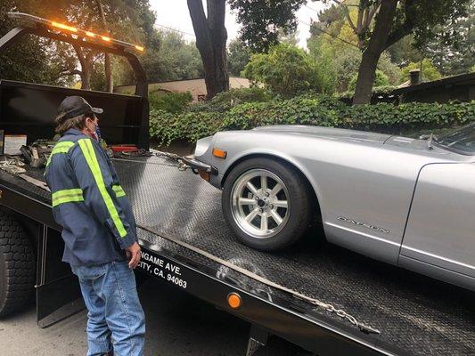 John loading up my 240Z for a trip to my mechanic.