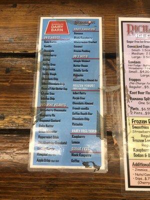 Ice cream menu