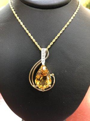 hand made 14k y/w pendant with golden citrine and diamonds in pave set.