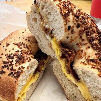 Bacon Egg and Cheese on onion bagel