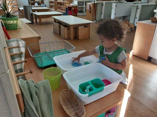 Washing dishes practical life job inside the toddler community.