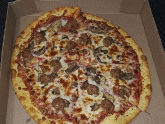 12" two topping pizza.
 About $16.