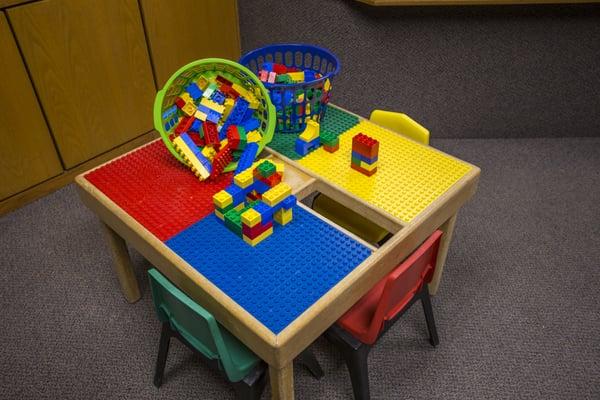 The lego table is always a hit for the kids (on the well side of the lobby)