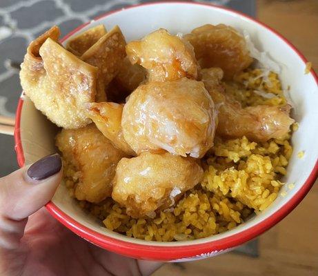 Coconut shrimp, fried rice, and crab Rangoon