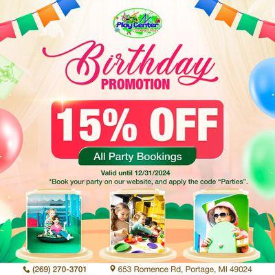 BIRTHDAY PROMOTION FOR YOUR KIDS 

 Get 15% OFF on all party bookings - make your little one's birthday unforgettable!