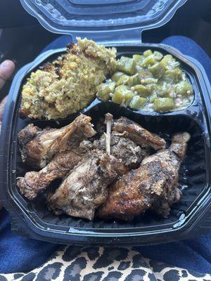 Jerk turkey wings, cornbread stuffing, and okra!!