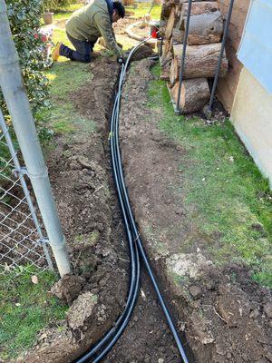 BEFORE--Looking through gate, back yard to front. Main lines going from main valve to 5-zone underground, control center in back yard.