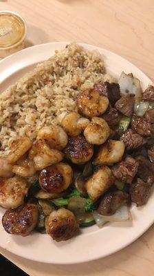 One of the house specials, filet mignon, shrimp, and scallops with fried rice.