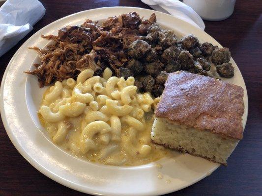 Lunch special:BBQ Chicken mac n cheese fried okra corn bread