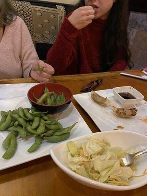 Edamame, 6 Piece Gyoza, side salad