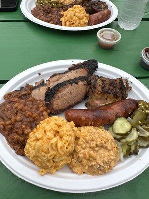 Catered bbq - brisket, sausage, chicken, beans with brisket, Mac & cheese and elote