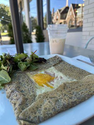 Ham, Egg & Swiss crepe & an iced chai latte