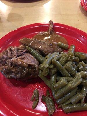 Pot roast and green beans. (Boring Iow carb choices, but they sufficed and the pot roast is pretty good.)