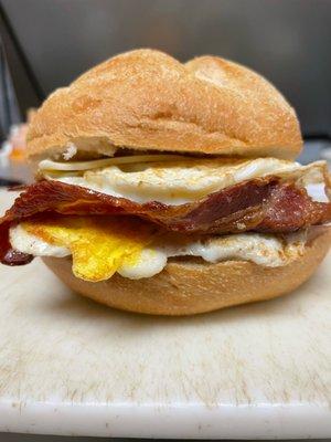 Bacon egg and cheese on a Kaiser