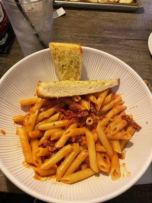 Build your own Pasta,  Penne Pasta with Sun-dried Tomatoes and Garlic Bread.