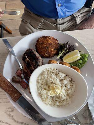 Surf & turf (steak & crabcake) with rice