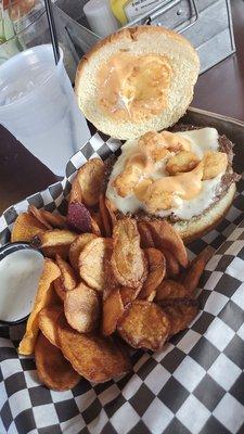 Bam Bam Cheese Curd Burger with tavern chips and a side of ranch. 3 out-of 5.