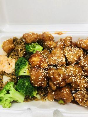 Sesame chicken with shrimp fried rice