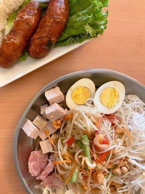 Papaya salad tray and Lao sausage