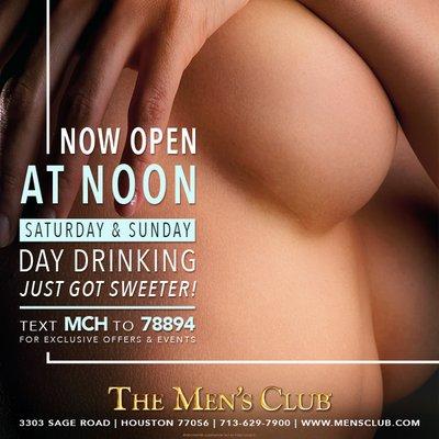 BREAKING: The Men's Club of Houston will now open it's doors every weekend at 12PM!  #mensclub #houston #htown #daydrinking