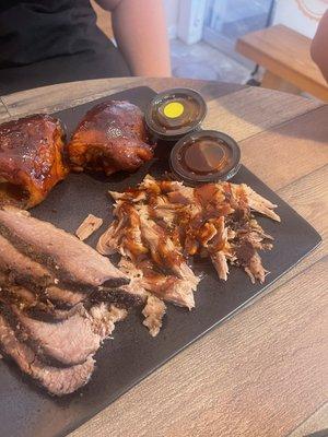 Pulled pork, chicken thighs, Brisket