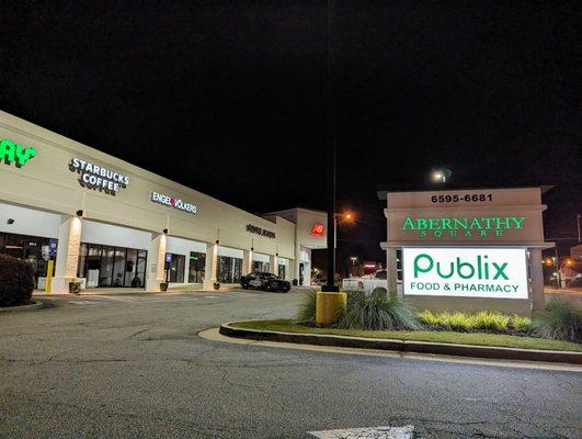 This Publix is located in the Abernathy Square shopping center at the busy intersection of Roswell and Abernathy Roads in Sandy Springs.