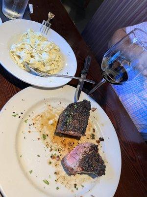 New York strip steak 16oz.  Fettuccine Alfredo delicious!!