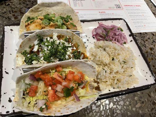 Taco trio - beef, chicken tinga and shrimp