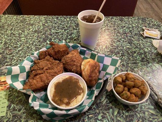 4 Piece Yardbird Combo with small side of fried okra.