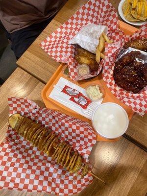 We tried all the 3 All 3 Flavors Large Fried Chicken, with a side of fries, & a TORNADO POTATO (!! a must!!)