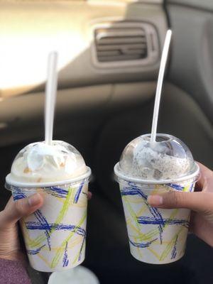 (Left) peach shake & (right) Oreo shake. Both Small.